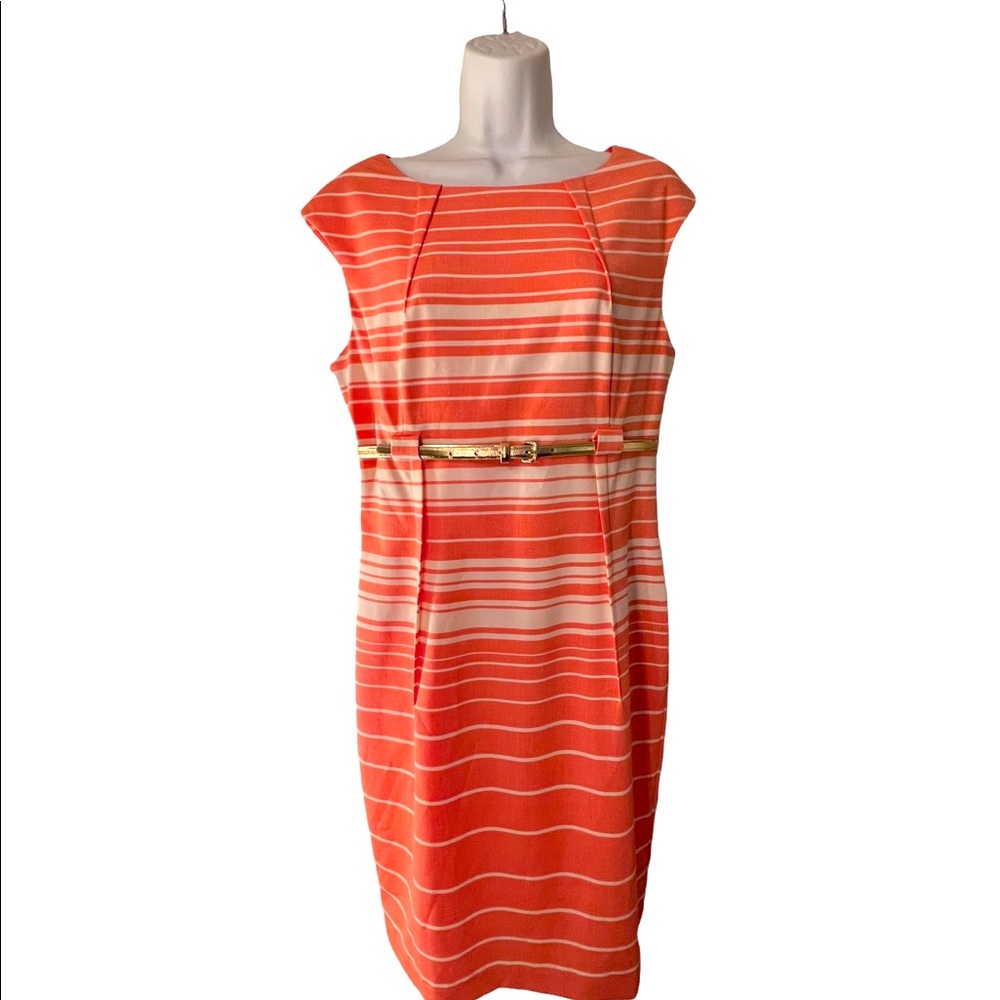 CALVIN KLEIN Pleated & Belted Striped Sheath Dress Orange & Cream Size 10 NWOT